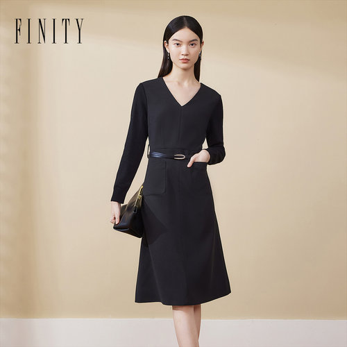 FINITY菲妮迪连衣裙2024年冬季简约气质V领拼接链珠小黑裙女