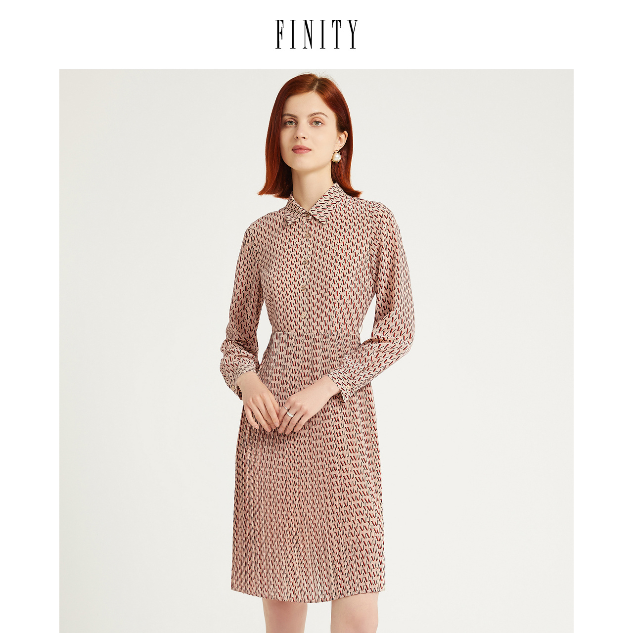 FINITY2023春装气质印花连衣裙女设计感宽松休闲中长款裙子