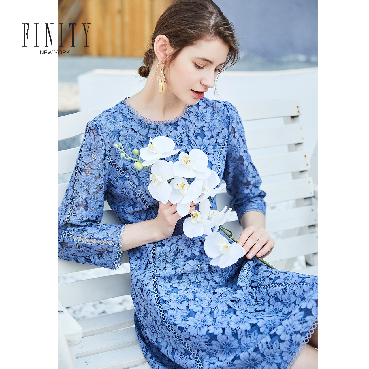 FINITY裙子春款女装流行宽松休闲中长款女士蕾丝连衣裙