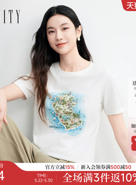 FINITY菲妮迪T恤2026年夏季新款简约圆领印花白色短袖上衣女装