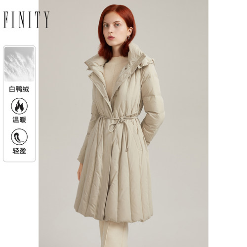FINITY白鸭绒羽绒服2023冬季连帽气质系带收腰显瘦保暖外套女