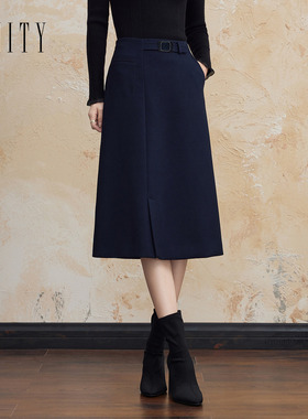 菲妮迪品牌中长款半身裙2024冬季简约高腰通勤时尚显瘦A字裙