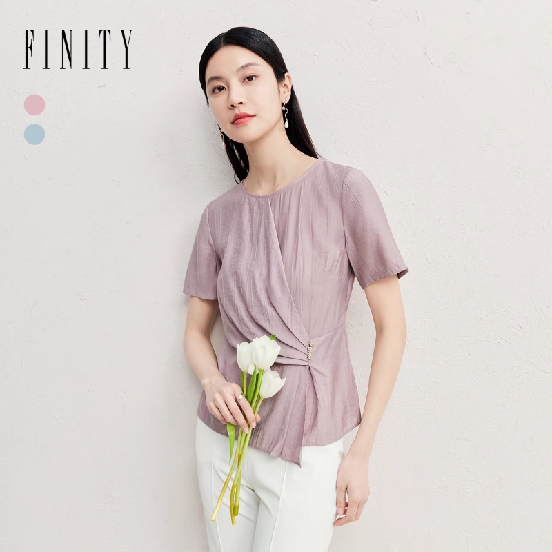 FINITY菲妮迪雪纺衫2025夏季新款气质圆领不规则设计短袖上衣女