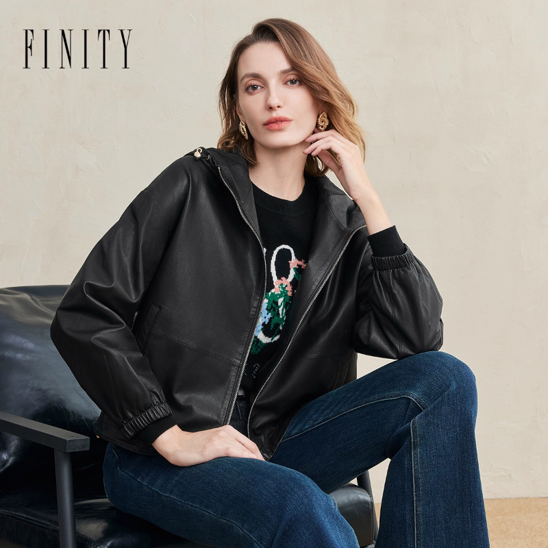 FINITY菲妮迪皮衣皮草2025年冬季新款简约羊皮真皮黑色轻奢外套女