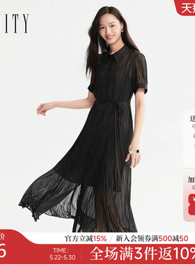FINITY菲妮迪连衣裙2026夏季新款简约黑色系带优雅压褶设计长裙女