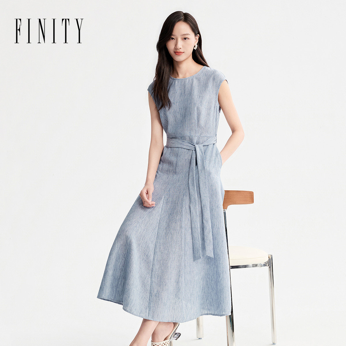 FINITY菲妮迪连衣裙2026年夏季新款简约系带领优雅通勤短袖