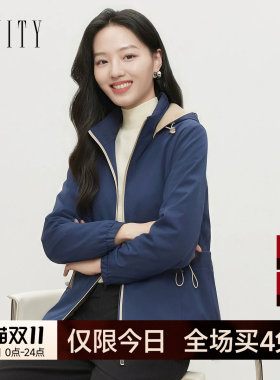 FINITY菲妮迪风衣2026秋季新款藏青连帽落肩袖修身通勤长袖外套女