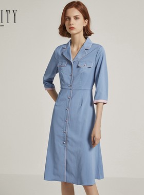 FINITY2023秋款女装蓝色短袖连衣裙女收腰显瘦轻熟风时尚裙子