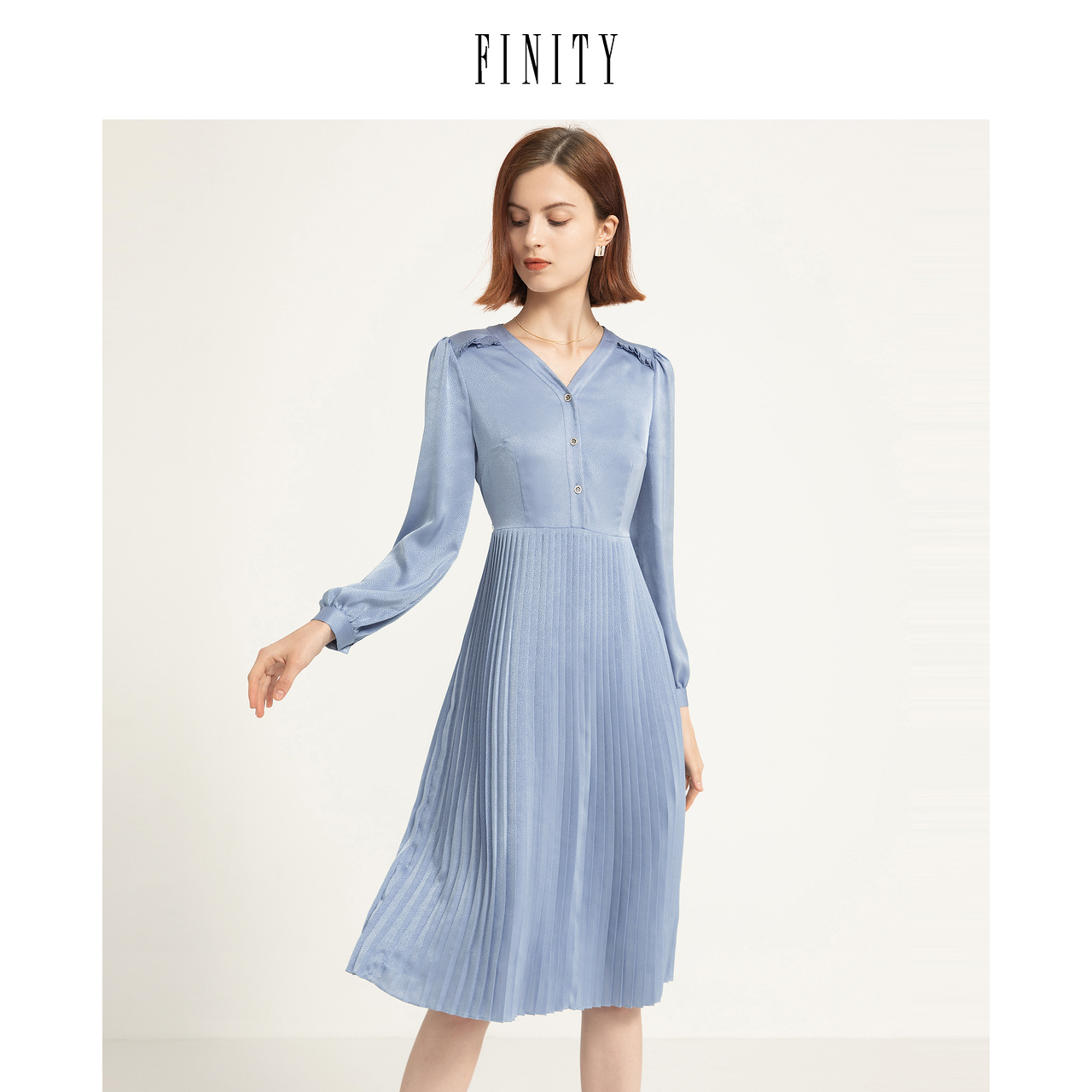 FINITY2023春装V领碎花连衣裙女收腰气质通勤中长款百褶裙