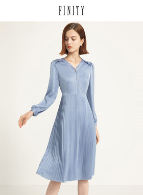 FINITY2023春装V领碎花连衣裙女收腰气质通勤中长款百褶裙