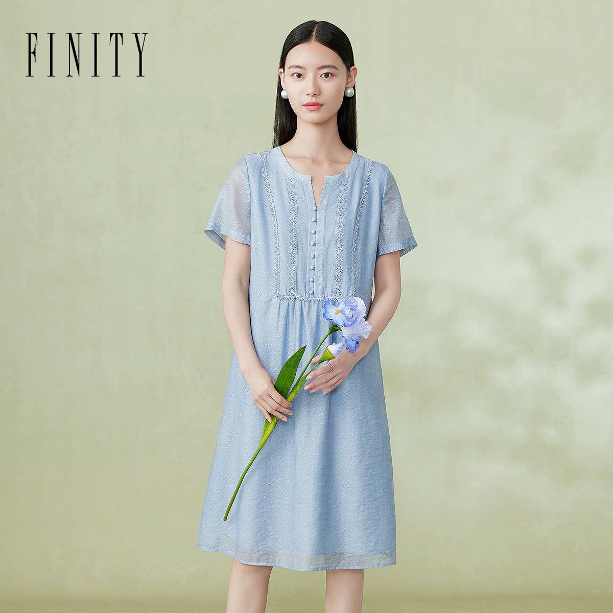 FINITY菲妮迪连衣裙2026夏季新款时尚蕾丝设计感短袖雪纺裙
