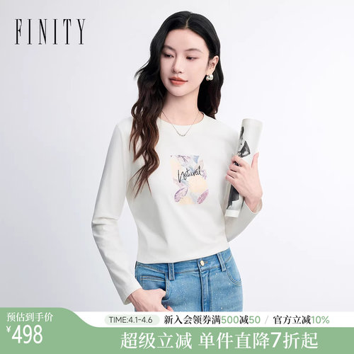 菲妮迪春款字母印花长袖T恤女