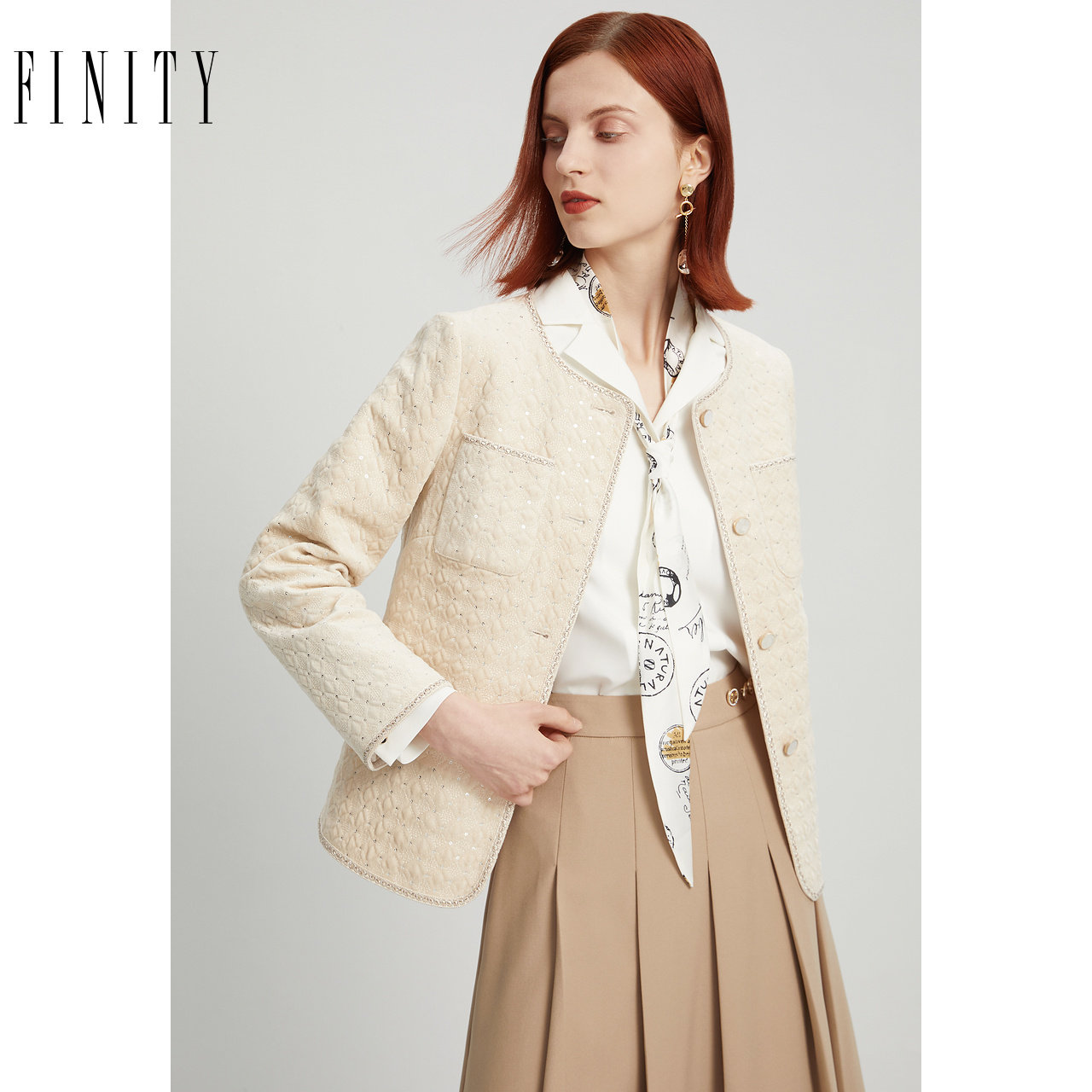 FINITY米杏色棉服2024春季小香风气质温柔修身轻薄短款外套女