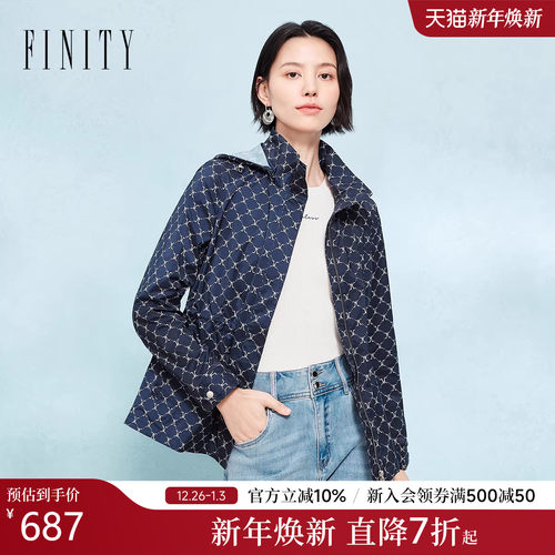 FINITY菲妮迪短外套2025秋季新款简约藏青印花连帽上衣女