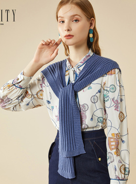 FINITY春款女装时尚简约藏青色条纹针织披肩女搭配上衣