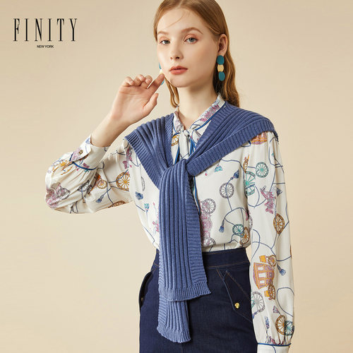 FINITY春款女装时尚简约藏青色条纹针织披肩女搭配上衣