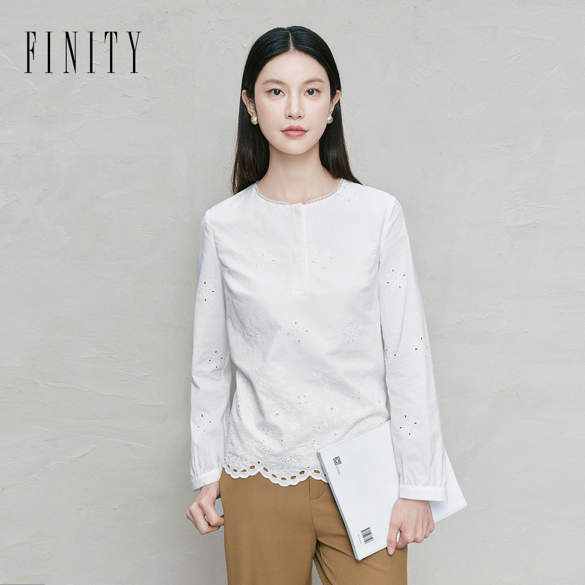 FINITY菲妮迪衬衫26春季新款简约镂空蕾丝花边设计感雪纺衫上