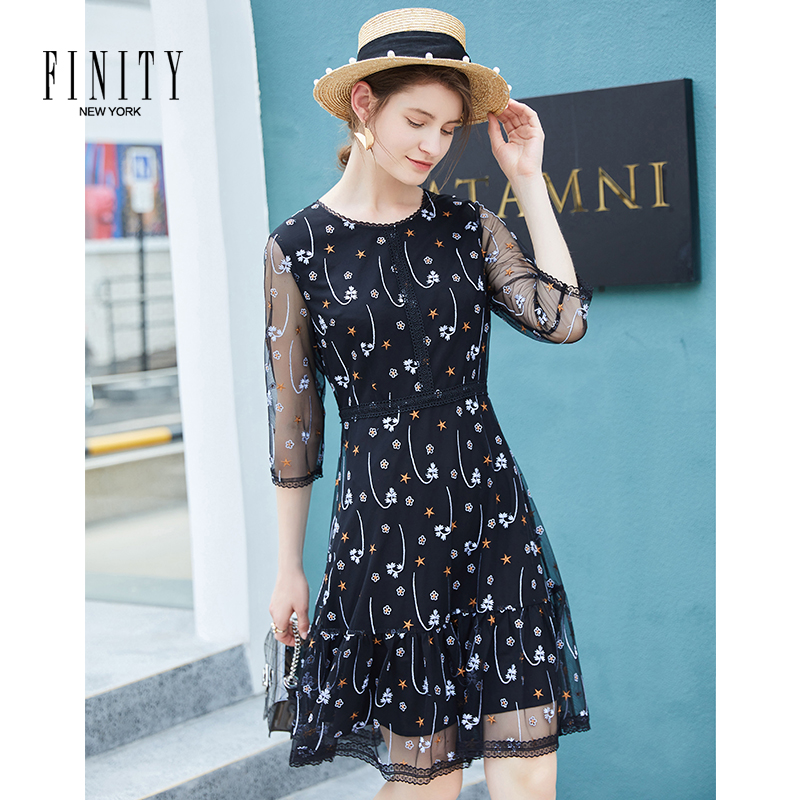 FINITY春款女装潮女流行黑色裙子复古仙女法式碎花连衣裙