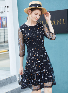 FINITY春款女装潮女流行黑色裙子复古仙女法式碎花连衣裙