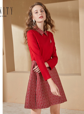 FINITY春款女装法式时尚收腰仙女裙红色短款印花连衣裙