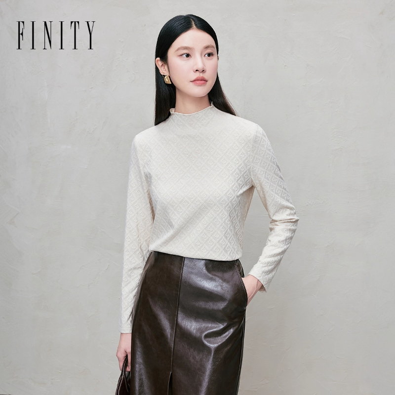 FINITY菲妮迪雪纺衫2025年秋季新款简约米杏色半高领休闲上衣女