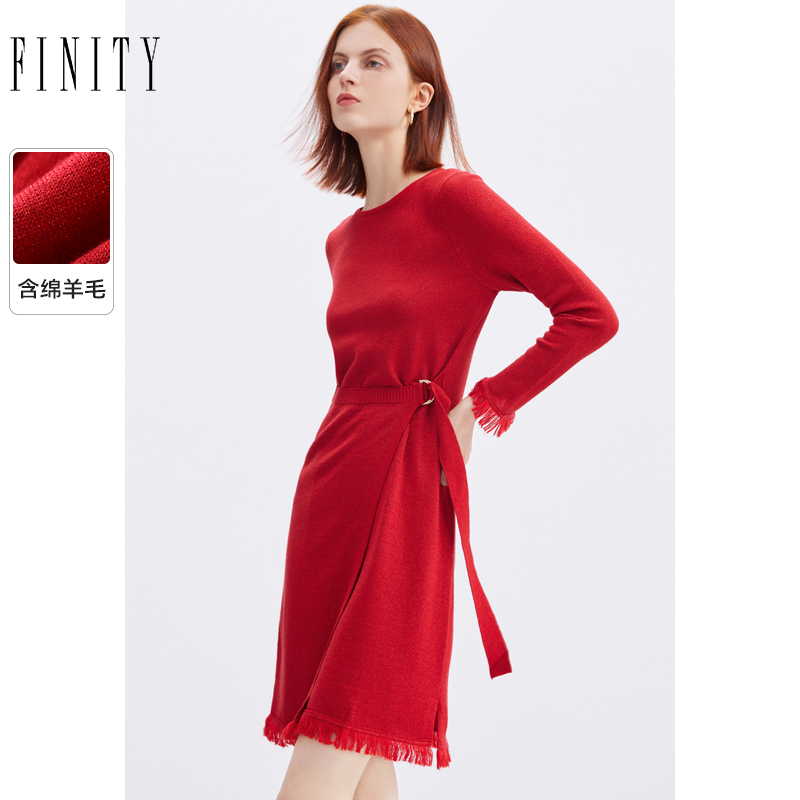 FINITY秋装宽松长袖不规则绑带收腰羊毛针织连衣裙女