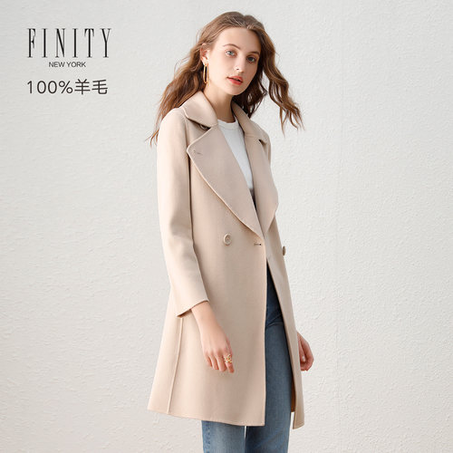 FINITY冬装中长款双面呢简约大衣女宽松气质翻领纯羊毛呢外套