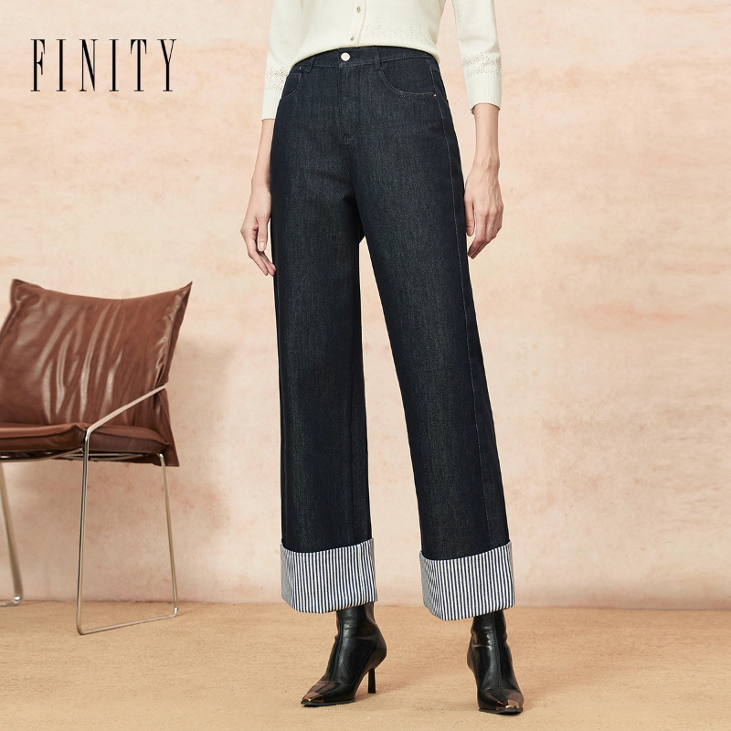 FINITY菲妮迪牛仔裤2025冬季新款简约条纹裤脚深蓝直筒宽松裤子女
