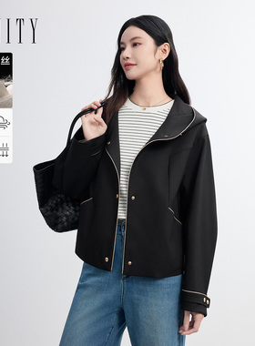 FINITY菲妮迪风衣2026年春新款大翻领黑色连帽设计宽松短外套女装