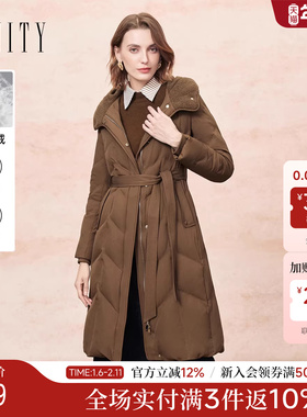 FINITY菲妮迪白鹅绒羽绒服2025年冬季新款简约系带羊毛连帽外套女