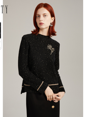 FINITY黑色针织衫2023春季羊毛气质绣花设计感显瘦毛衣女