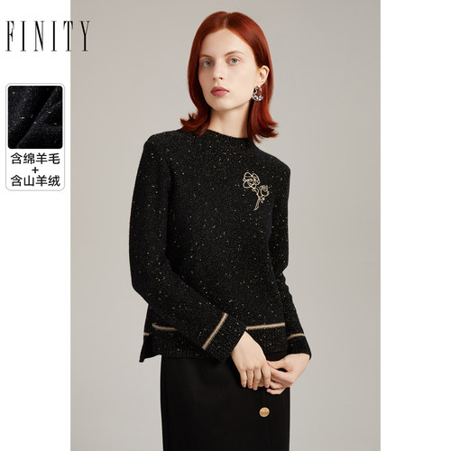 FINITY黑色针织衫2023春季羊毛气质绣花设计感显瘦毛衣女