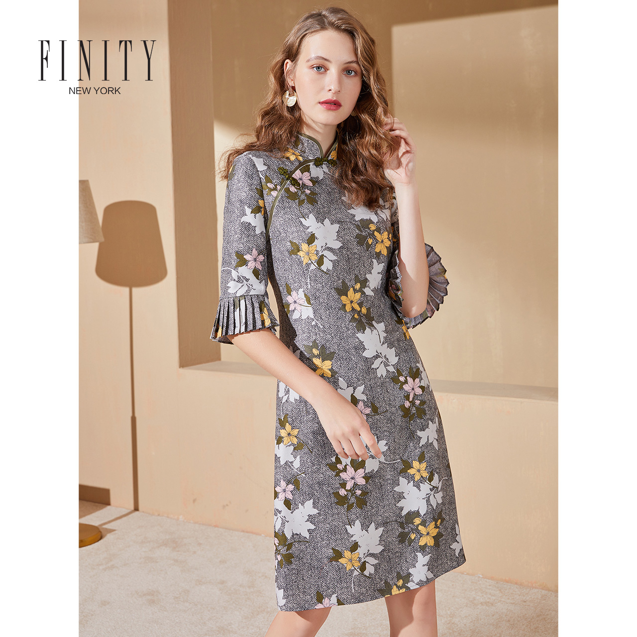 FINITY春款女装花卉印花连衣裙复古旗袍改良版连衣裙女