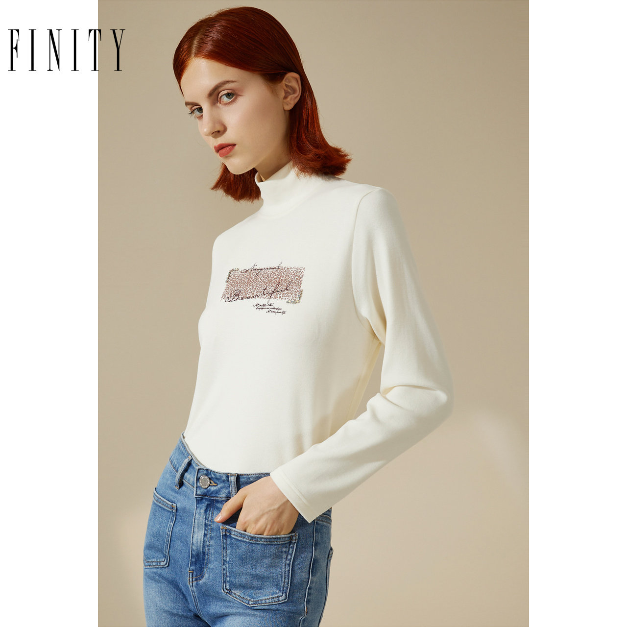 FINITY米色长袖T恤2023春季别致绣花钉珠装饰气质显瘦上衣女