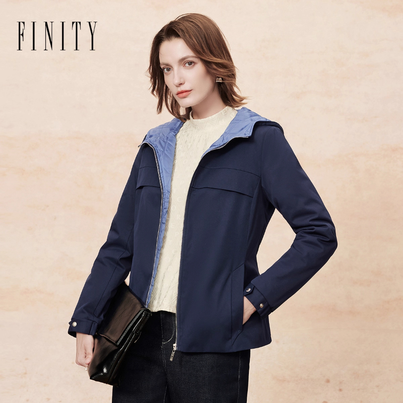 FINITY菲妮迪棉服棉袄2025年冬季新款简约连帽藏青色保暖外套女士