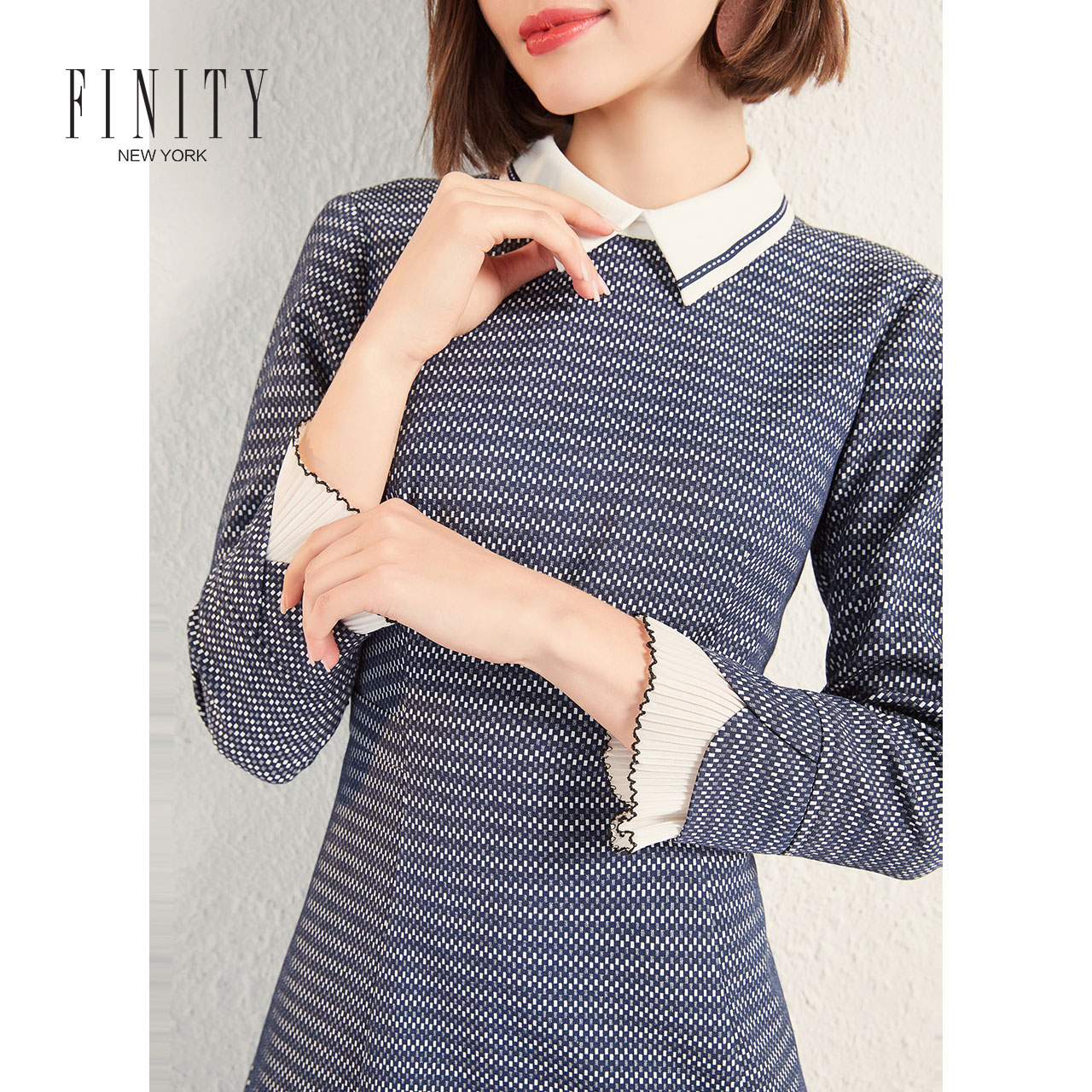 FINITY春款女装流行娃娃领连衣裙收腰显瘦气质a字裙子女