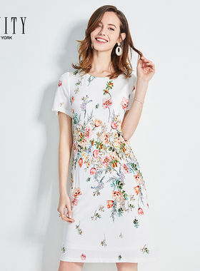 FINITY裙子女流行夏天气质甜美T恤裙白色花卉印花连衣裙