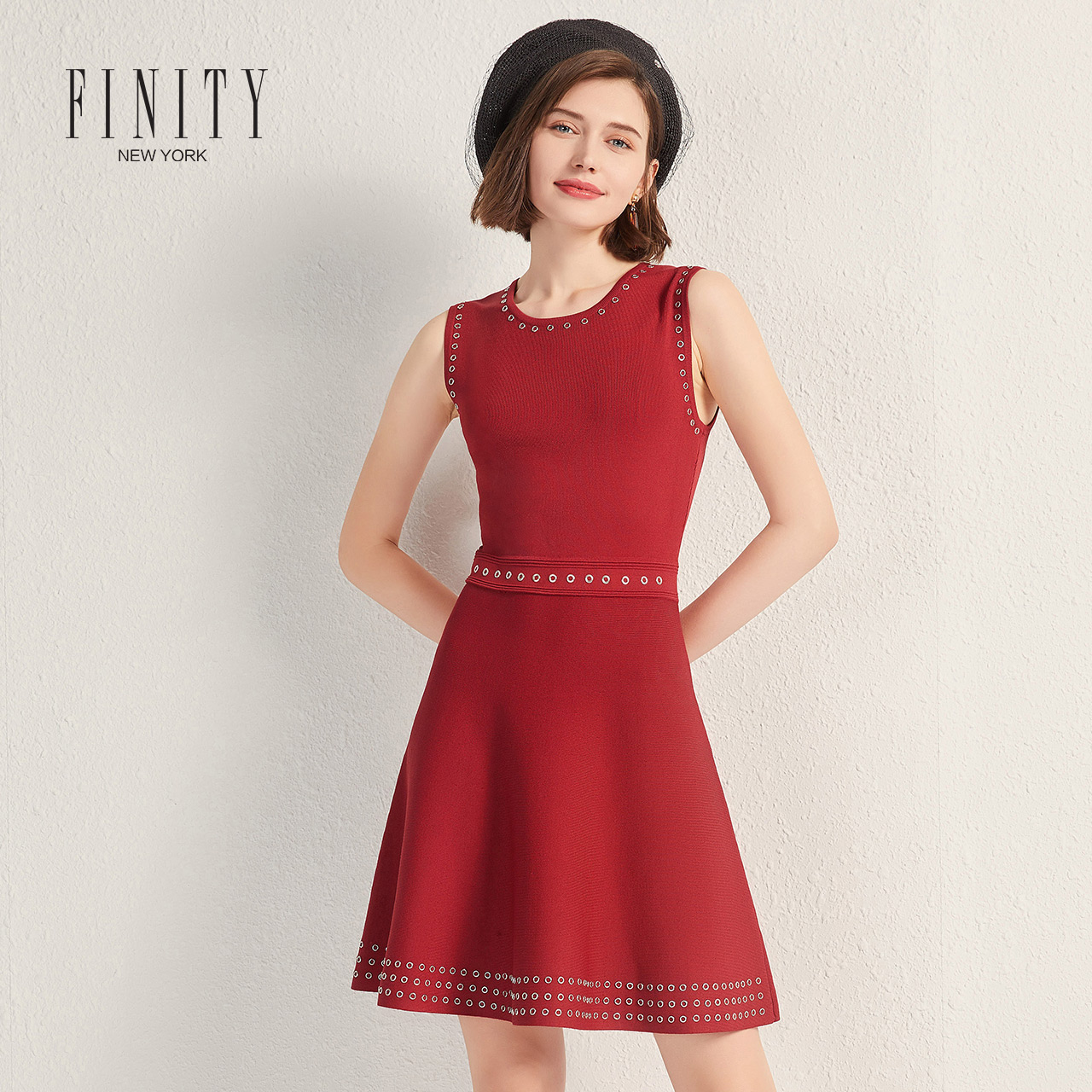 FINITY秋冬装时尚休闲裙修身收腰显瘦气质无袖针织连衣裙