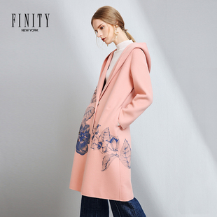 FINITY冬装宽松中长款双面羊毛呢子大衣粉色连帽外套