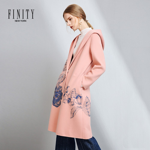 FINITY冬装宽松中长款双面羊毛呢子大衣粉色连帽外套