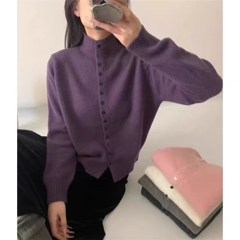 蜜熊绒7150韩系时尚温柔风翻领单排扣软糯针织衫女时尚慵懒风毛衣
