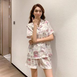 冰丝高级卡通印花短袖 开衫 法式 睡衣女夏天新款 代发 短裤 家居服套装