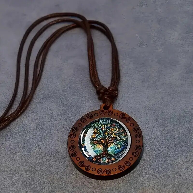 欧美圣心时光宝石木质吊坠项链女百搭复古棕色蜡绳毛衣链饰品批发