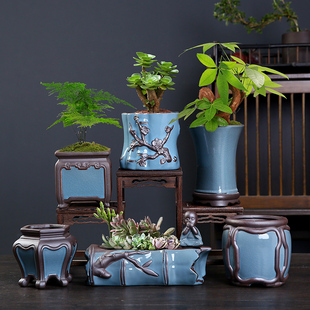 紫砂哥窑古典创意老桩复古桌面客厅多肉花盆绿植陶瓷盆器高款盆景