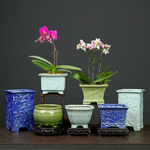 创意中式四方造景陶瓷花盆高角盆哥窑创意中式绿植蝴蝶兰兰花专用