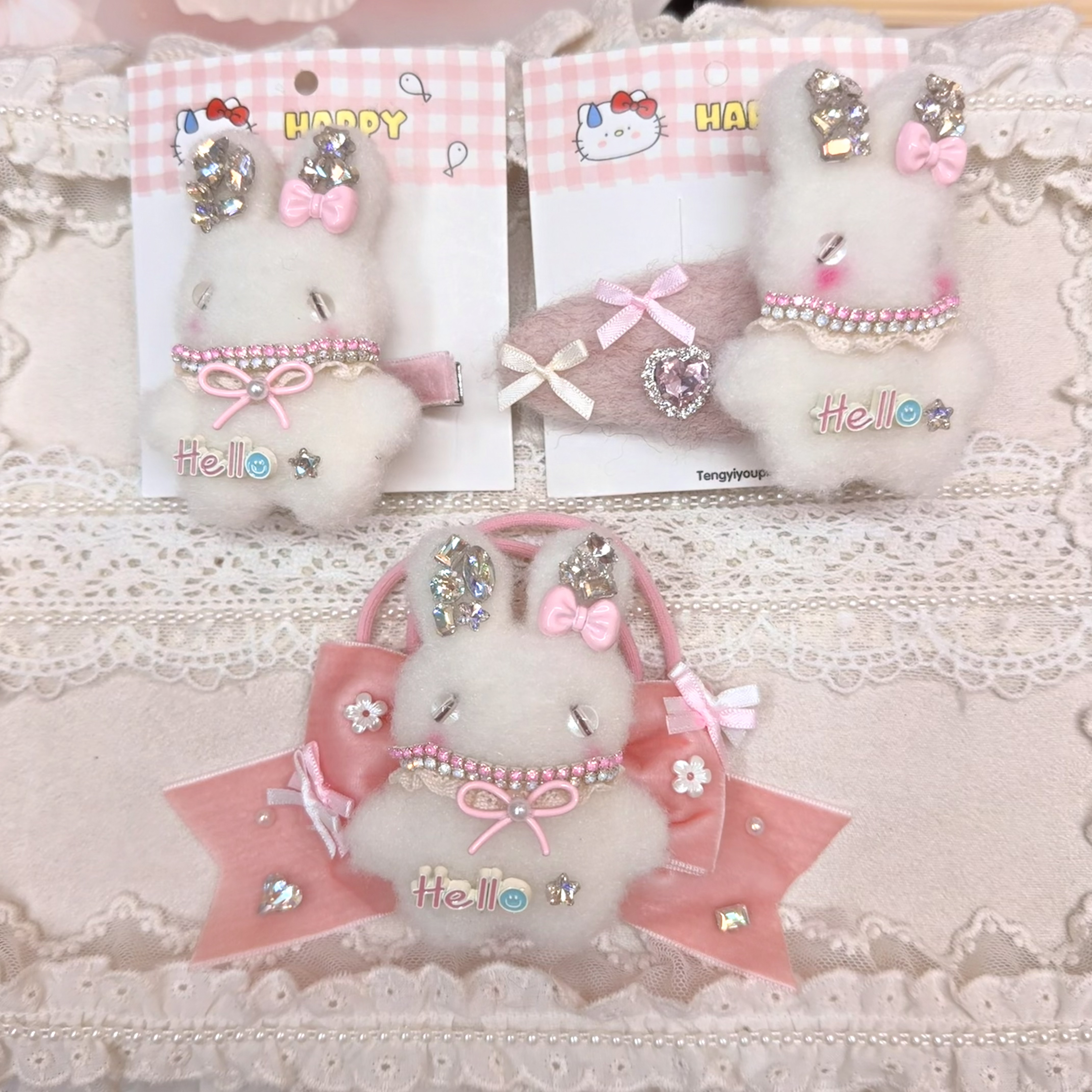 粉色可爱精致满钻羊毛毡小兔子发夹水钻鸭嘴夹侧边夹发饰发卡手套