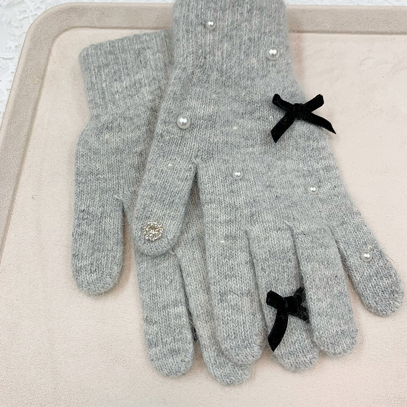 韩国东大门兔绒蝴蝶结手套女冬韩代保暖简约纯色男女五指针织防寒