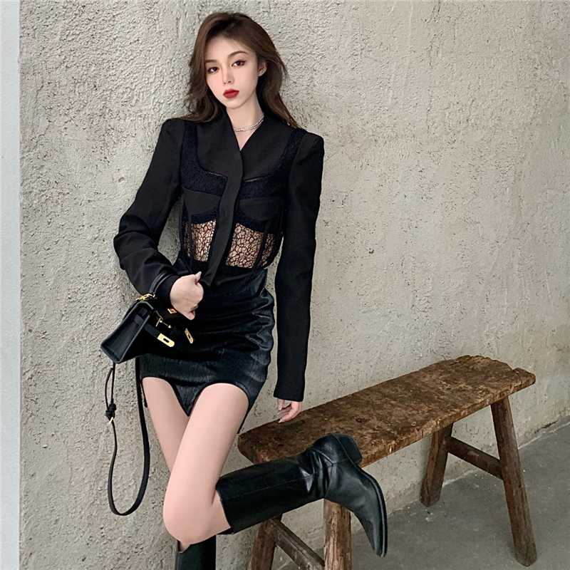 Real shot real price autumn dress lace stitching design sense minority suit coat + irregular buttock skirt