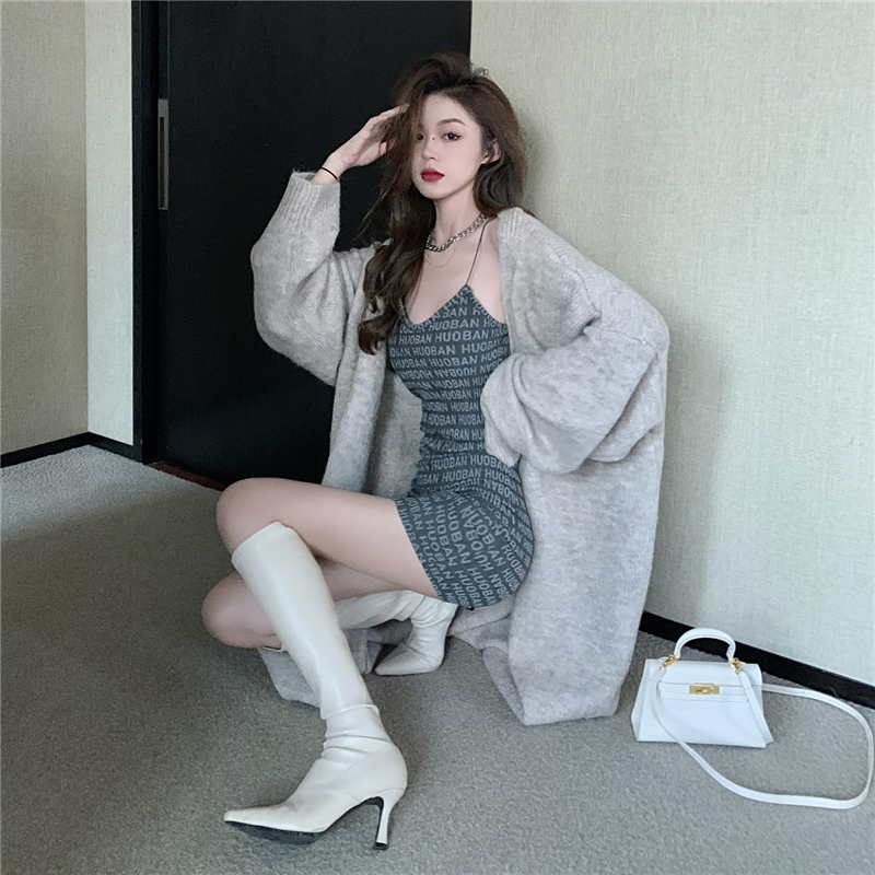 Real price autumn and winter long thickened sweater jacket knitted cardigan + letter show thin suspender skirt