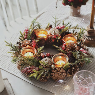 松果四杯花环烛台圣诞摆件餐桌北欧浪漫烛光晚餐蜡烛台Christmas